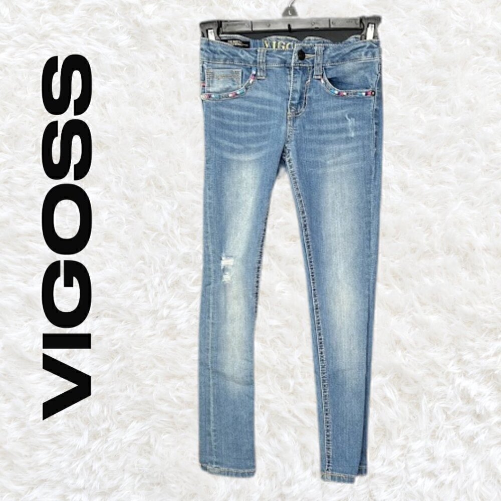 Vigoss The Austin Ankle Skinny Girls Size 7 Denim Jeans Distressed Embroidered